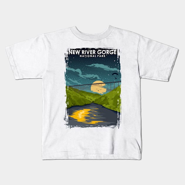 New River Gorge National Park at Night Vintage Minimal Travel Poster Kids T-Shirt by jornvanhezik